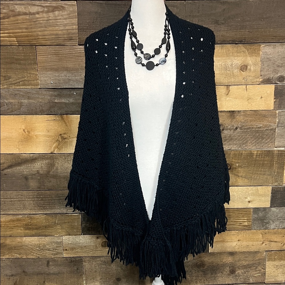 Black Fringe Knit Poncho Shrug - Women